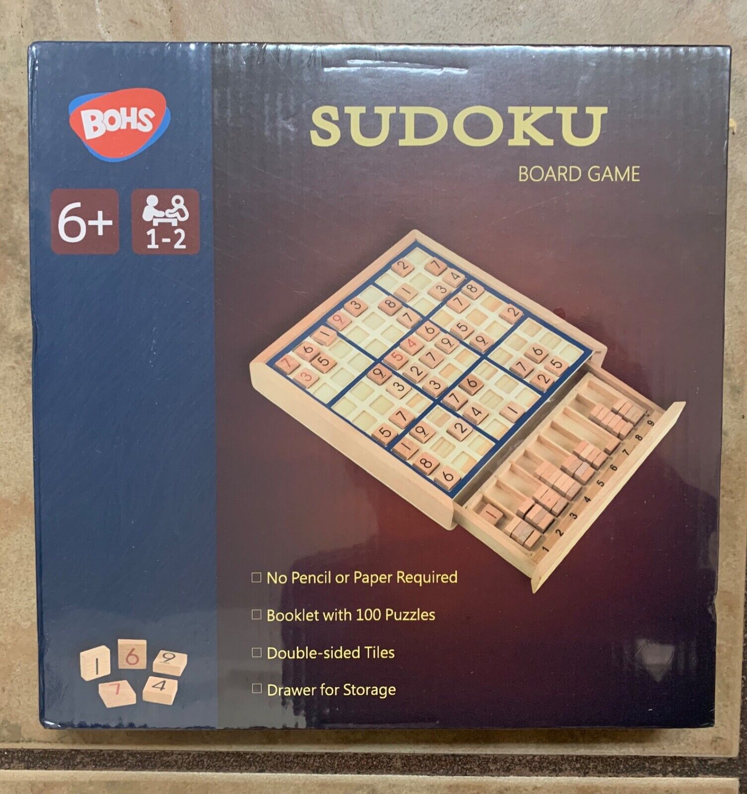 BOHS Wooden Sudoku Board Game with Drawer - with Book of 100 Sudoku Puzzles  for Adults - Brain Teaser Desktop Toys