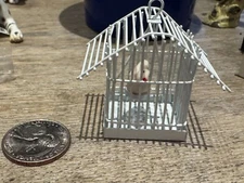 Vintage Concord Dollhouse Miniature White Metal Bird Cage with Bird