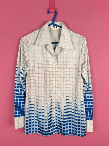 Vintage 70s 80s blue white geometric womens retro mod blouse shirt top XS S 6 8 - Picture 2 of 7