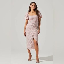 ASTR Square Neck Slit Front Midi Dress Pink Multi Ditsy NWT Women Dress Size S