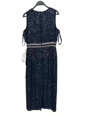 Mac Duggal Sleeveless High Neck Beaded Midi Sheath Dress In Navy, Size 8