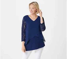 Susan Graver Liquid Knit Tunic w/Chiffon Tiers Lace Slvs-Sapphire-Small-A366132