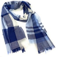 90% Wool 10% Cashmere Lightweight Oversized Scarf - Blue & White Check - V1