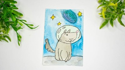 ACEO original painting, watercolor, Mini Art Painting, space, Milky Way Woof