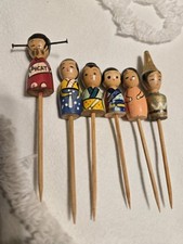 Vintage 6 Mini KOKESHI Geisha Doll Cocktail Picks Hand Painted Japan Wood