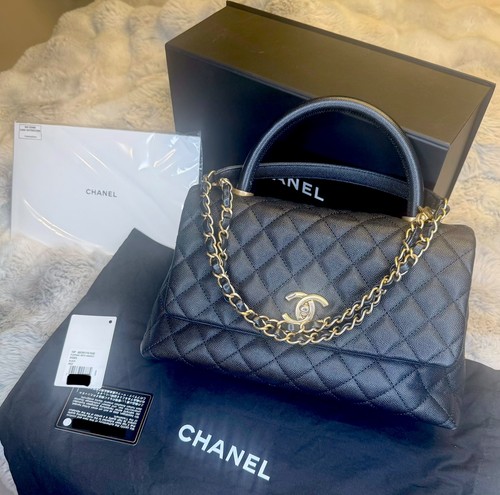 Authentic CHANEL Coco Handle Black Caviar Leather Gold HW Kelly Adjustable Strap