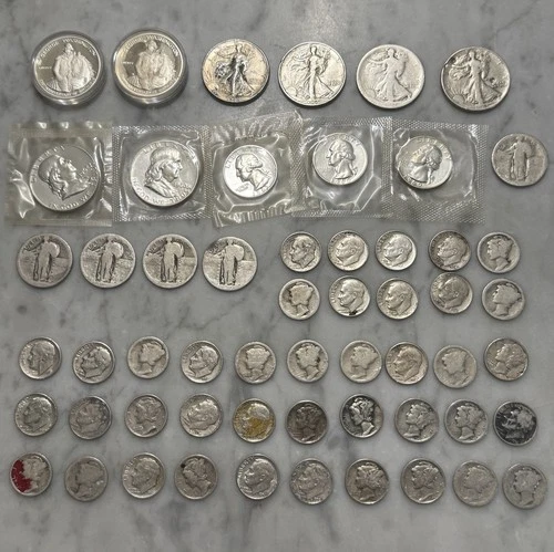 $10 Face Value 90% Silver Franklin, Walking Liberty, Silver Proof & Mercury Dime