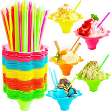 200Pcs 4Oz Snow Cone Cups with Spoon Straws,Flower Shaped Ice Cream Snacks Cup,C