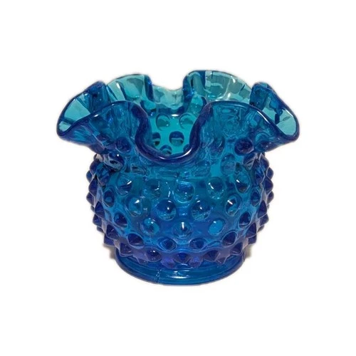 Vtg Fenton Hobnail Vase Ruffled Double Crimped Colonial Blue Logo 1970s 4.25"