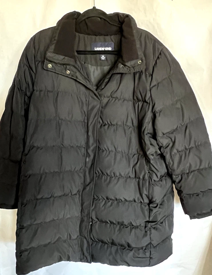 Abrigo chaqueta acolchada negra Lands End hasta la rodilla para mujer Plus 2X 20-22 Foto 2 de 4