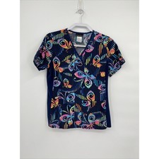 Cherokee Womens Printed Stretch Mock Wrap Knit Panel Scrub Top Navy Blue Size S