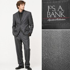 Jos A Bank Mens Charcoal Gray Wool Herringbone Suit 40R 36W Blazer Jacket Pants