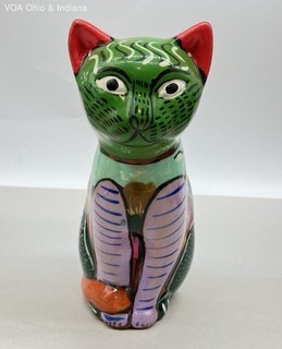 Vintage Mexican Tonala Folk Art Pottery Cat Figurine Hand Painted Village Scene
