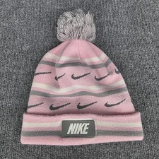 Nike Beanie Hat Pink Gray Striped Pom Knit Cuffed One Size Youth Sports Winter