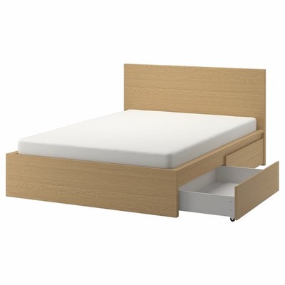 MALM Bedframe (IKEA) Queen Size. High bed frame with 2 storage boxes, oak veneer