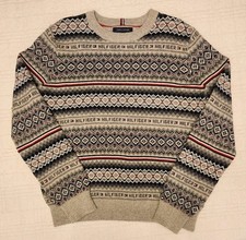 Tommy Hilfiger Mens L Sweater Nordic Fair Isle Pattern Knit Wool Blend Crewneck