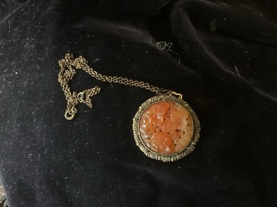 Vintage Antique Amber Color Carved Jade Set In Brass Filigree Necklace 