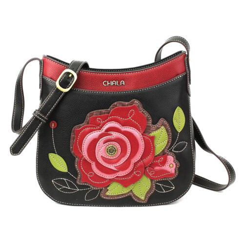 NEW CHALA BLACK PINK RED ROSE FLOWERS CRESCENT CROSSBODY TOTE BAG PURSE FAUX LEA - Picture 1 of 4