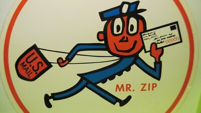 Vintage 1963 Mr. Zip U.S. Post Office Decal Mounted on White