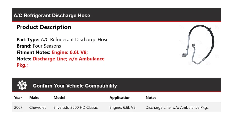 Chevrolet Silverado 2500 HD 2007 clásico aire acondicionado manguera de descarga de refrigerante 4 estaciones Foto 2 de 4