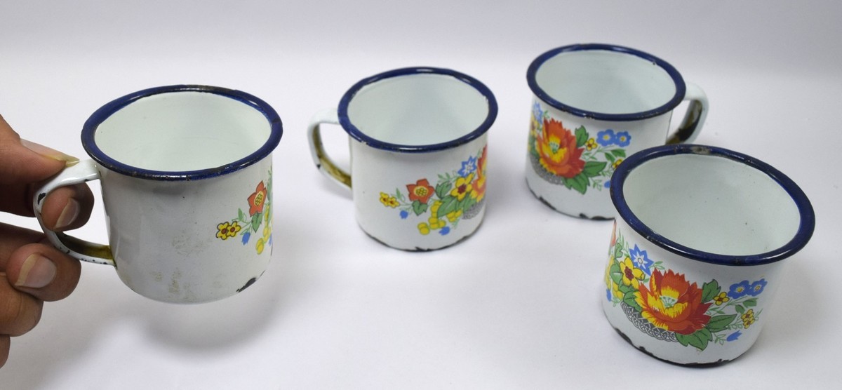 Set OF 4 Vintage Retro Tea Cup Orange Flower Pattern Enamel Work