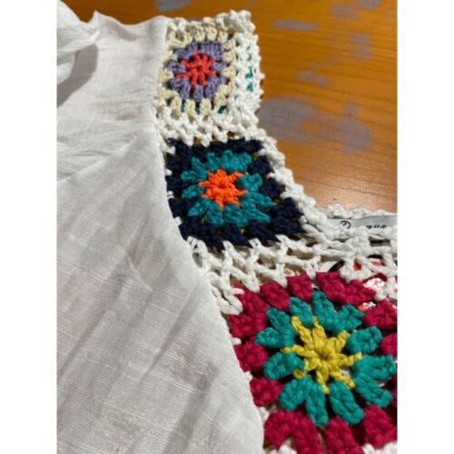 NEW Granny Square Crochet Fringe Tunic Swim Cover Up Festival Hippie White M L - 第 3/7 張圖片