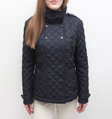 Women's BURBERRY BRIT Quilted Navy Jacket Blazer Leather Trim Size