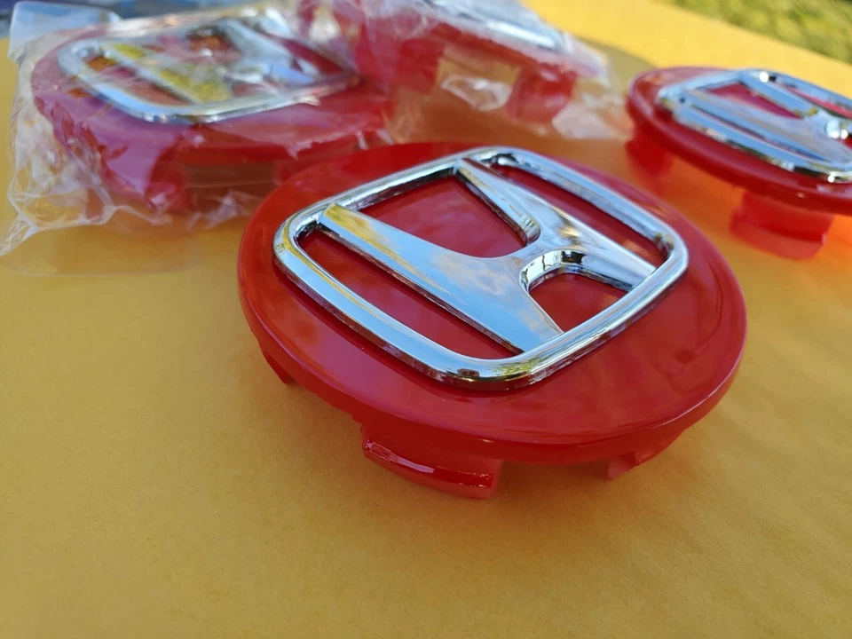 4x HONDA Set Of Red Wheel Center Caps 69MM - - Satisfaction Guaranteed Foto 2 de 4