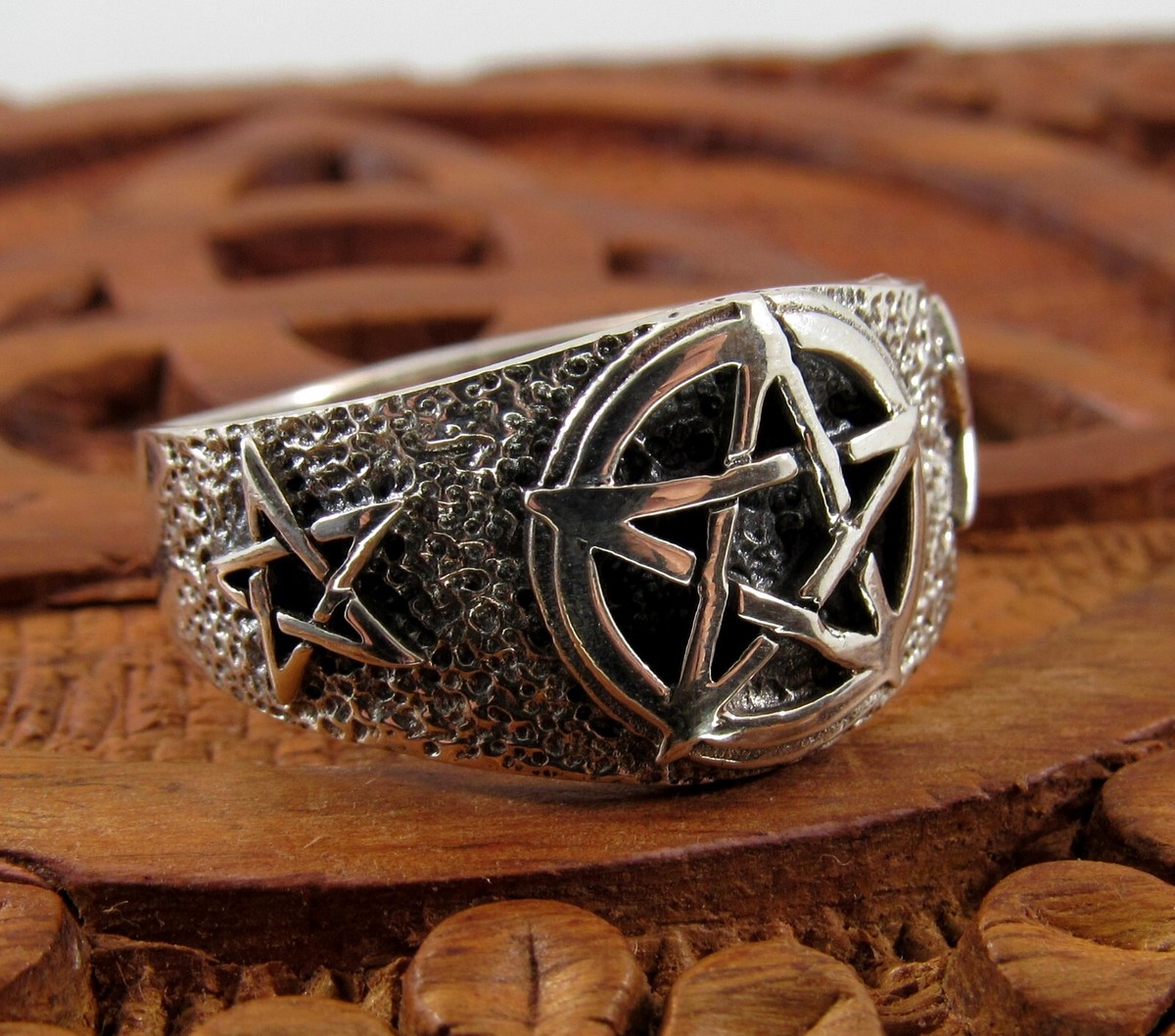 Solid 925 Sterling Silver Men's Triple Pentacle Pentagram Signet