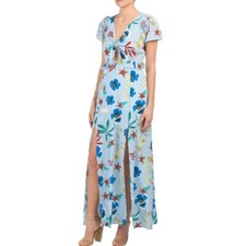 NEW Blue Striped Tropical Floral Print Maxi Dress Size L Juniors/ Women's Size M