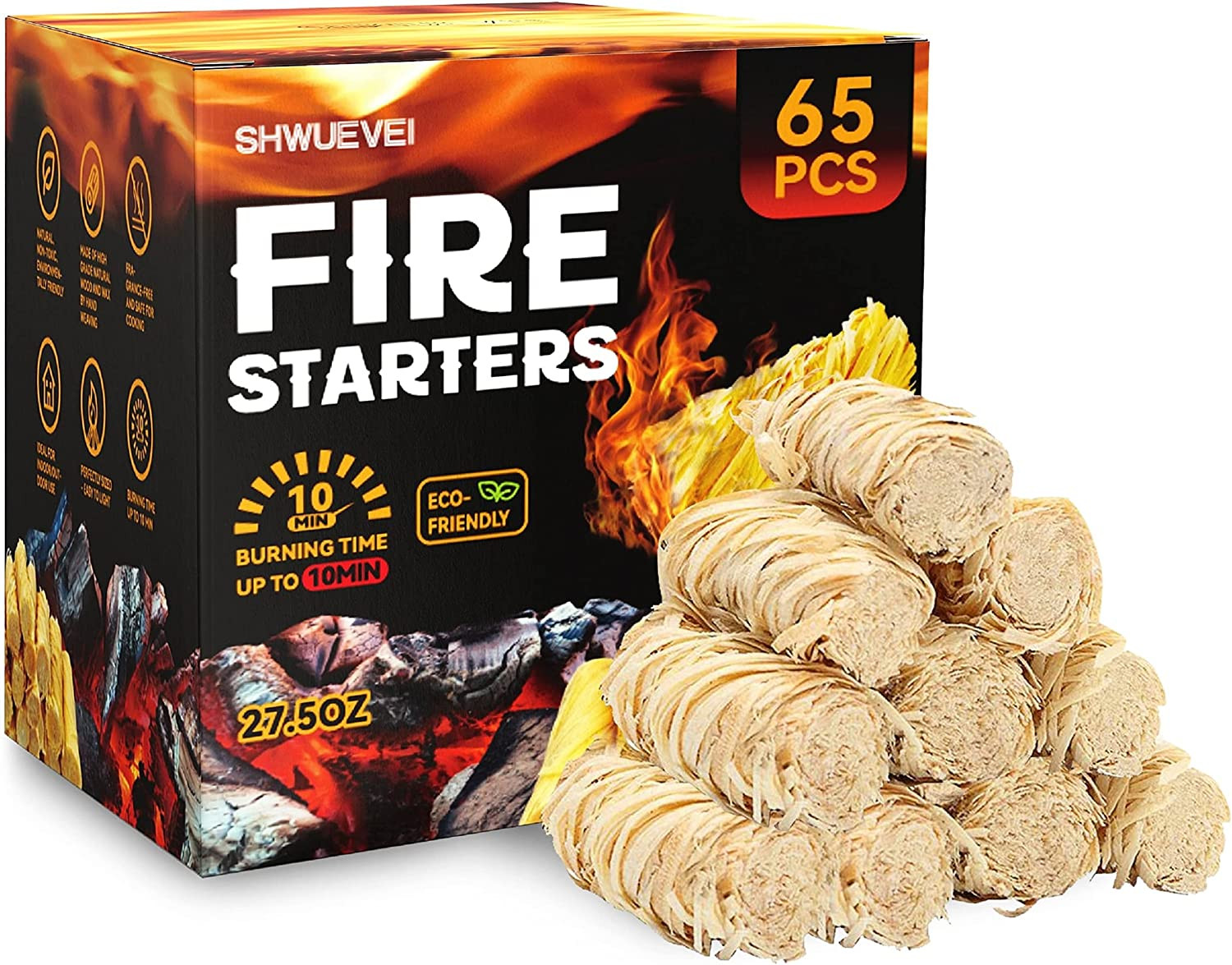 65 Pcs Fire Starter Natural Fire Starters for Fireplace, Pellet Stove