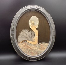 Vintage Framed Art Deco Flapper Girl w/ Feather Plume Ribbon Art 16 x 13