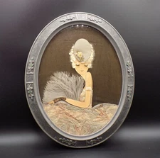 Vintage Framed Art Deco Flapper Girl w/ Feather Plume Ribbon Art 16 x 13