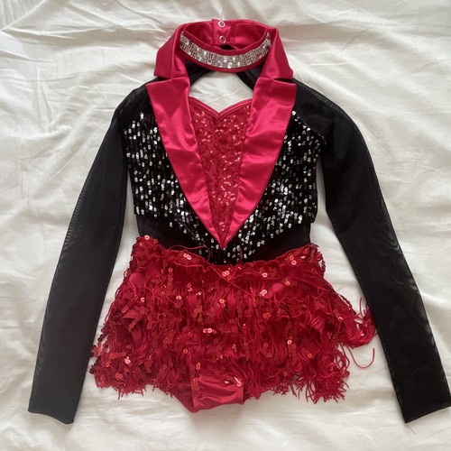 Weissman Red/Black Sequin Long Sleeve Dance Costume Top w/ Fringe & Choker