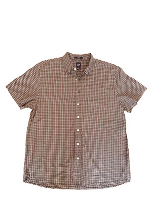 GAP Fitted Brown Gingham Check Short Sleeve Button Down Shirt Men's Size XL 100%