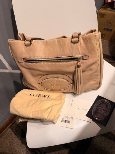 LOEWE Leather Shoulder Tote Bag Beige Classic Designer Handbag Authentic