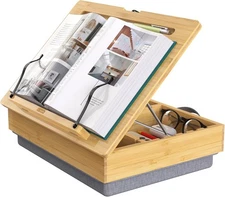 Book Stand for Reading with Storage, Adjustable Bamboo Book Holder with Soft Lap