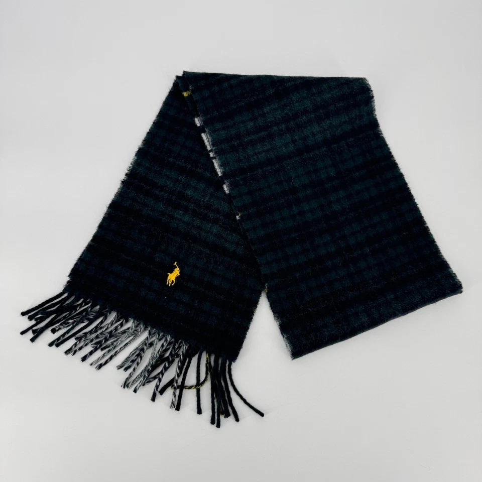 Polo Ralph Lauren Hecho en Italia Tartán Lana Bufanda Pony Logo Italiano Azul Marino Verde Foto 2 de 4