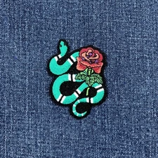 Snake & Rose Applique Patch - Embroidered Flower Reptile Badge 2.5" (Iron On)