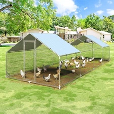 7FT/14FT/20FT/27FT Large Metal Chicken Coop, Walk-in Poultry Cage Galvanized
