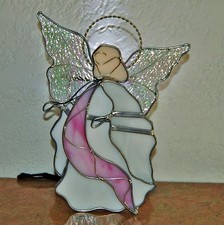 Stained Glass Angel Votive Candle Holder - Pink Sash/Iridized Wings