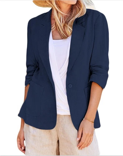 Mujeres Blazer de Algodón Manga 3/4 Acanalado Forrado Traje Informal Elegante Chaqueta de Trabajo Asiática - Imagen 22 de 33