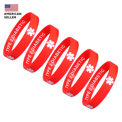   5 Pack TYPE 2 DIABETIC Silicone Wristbands Discreet