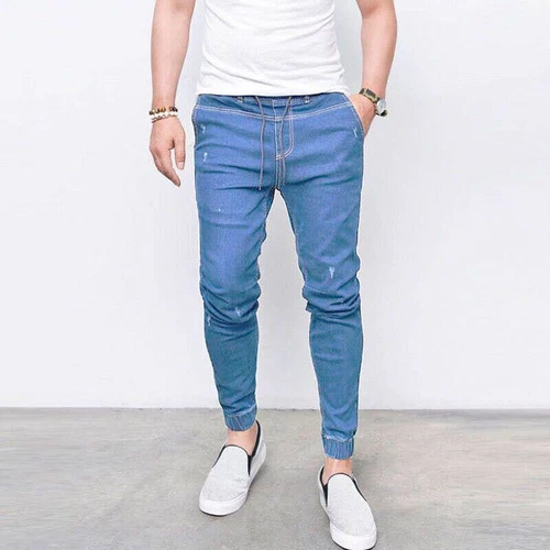 Men Elastic Waist Skinny Denim Casual Pants Slim Fit Ripped Trousers Bottoms - Picture 13 of 16