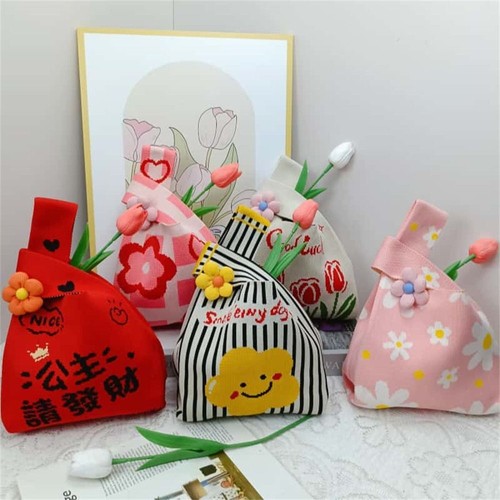 Knitted Tote Bag Handmade Handbag Fashion Knot Wrist Bag for Women Girls
