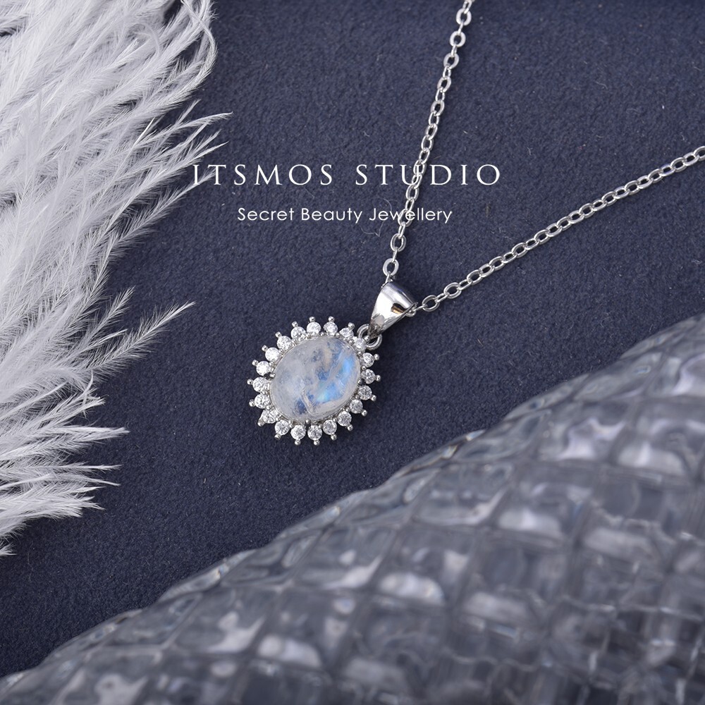 Moonstone Silver Blue Gemstone Pendant Necklace for Women  