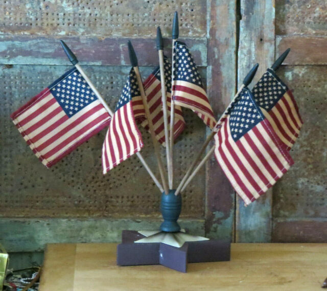 Primitive Americana Star Flag Finial w Flags Patriotic Centerpiece wood base