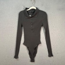 Zara Ribbed Long Sleeve Collared Bodysuit In Dark Gray Womens Size Small