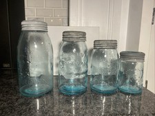 4 Vntg Crown Blue Imperial Mason Jars Canisters Glass Lids 2 3 4 6 Cup Qt 16oz