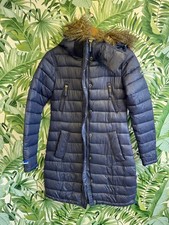 Superdry navy zip up puffer coat with fur trim hood size M